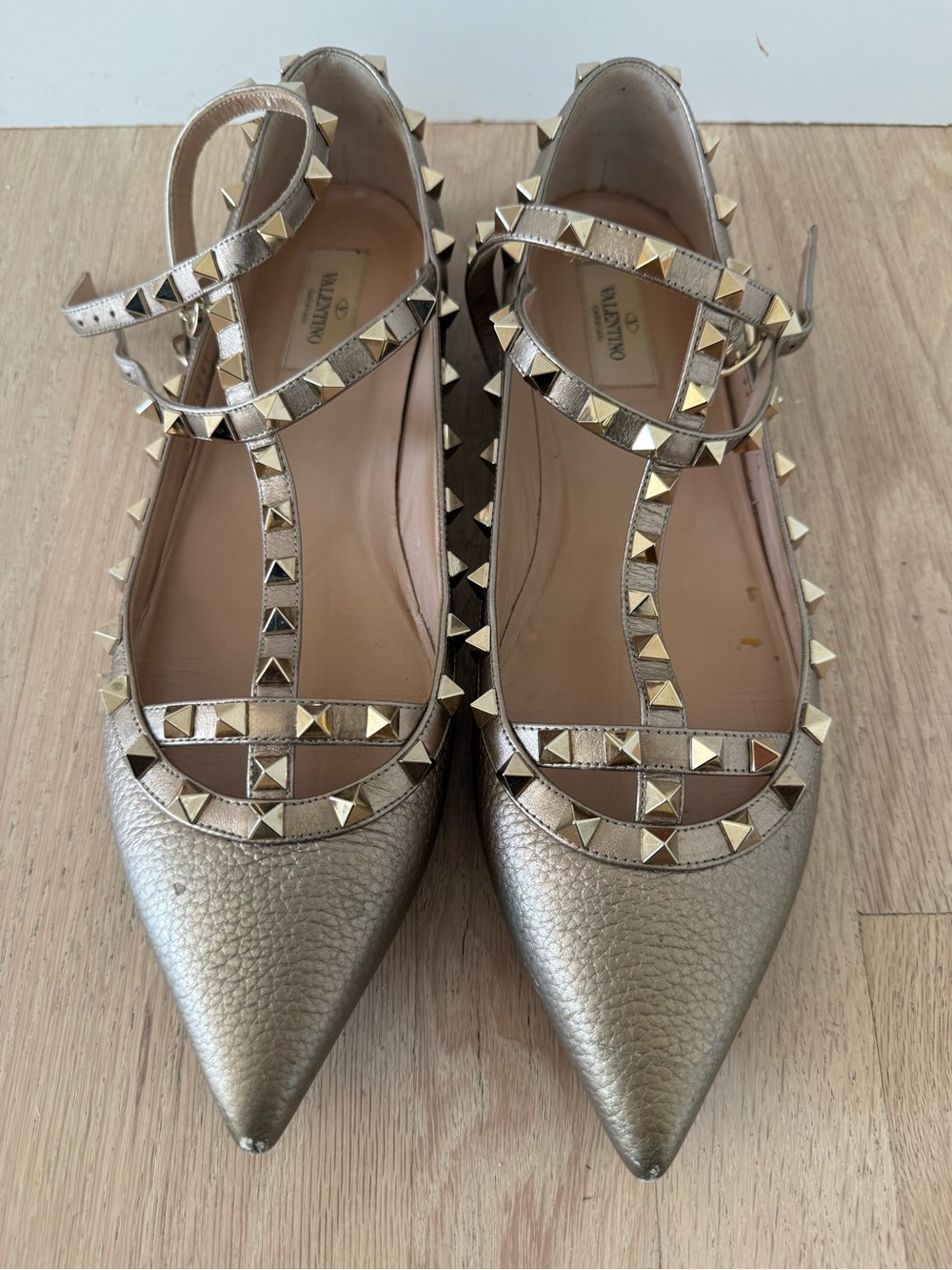 Valentino Champagne Gold Pyramid-Stud T-Strap Pointed Flats 41